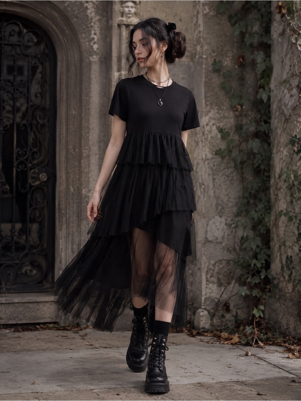 golly Black Tulle Asymmetrical Tiered Dress medium